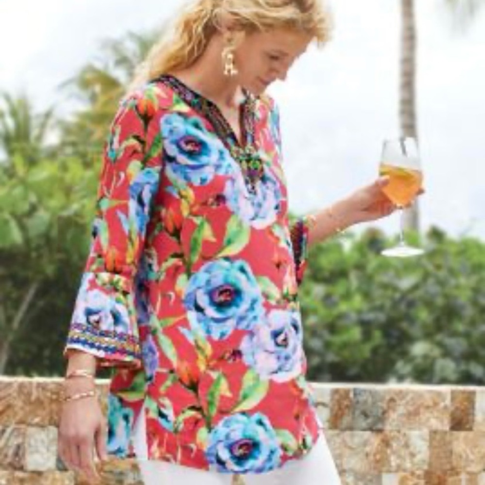 Soft Surroundings Hidden Villa Tunic Linen Exotic Floral Embroidered Sz L